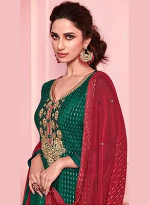 green georgette embroidered semi stitched top & bottom with dupatta 2