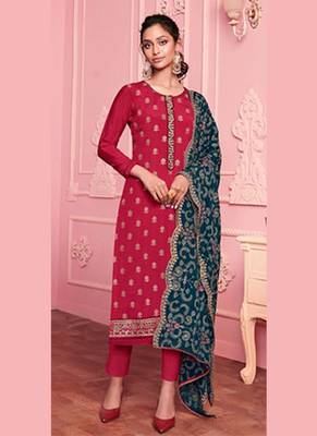 pink georgette embroidered semi stitched top & bottom with dupatta 1