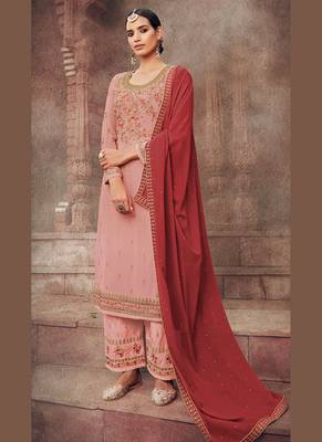 peach georgette embroidered semi stitched top & bottom with dupatta 1