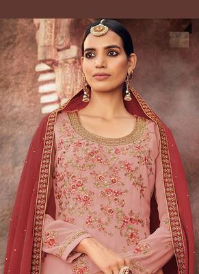 peach georgette embroidered semi stitched top & bottom with dupatta 2
