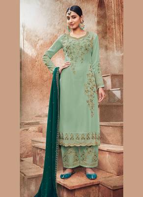 turquoise georgette embroidered semi stitched top & bottom with dupatta 1