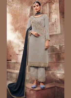 grey georgette embroidered semi stitched top & bottom with dupatta 1