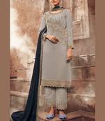 grey georgette embroidered semi stitched top & bottom with dupatta