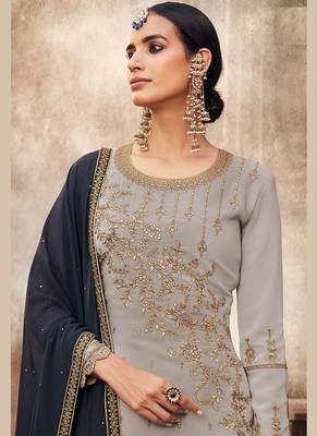 grey georgette embroidered semi stitched top & bottom with dupatta 2