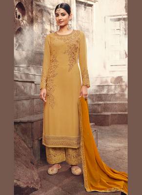 gold georgette embroidered semi stitched top & bottom with dupatta 1