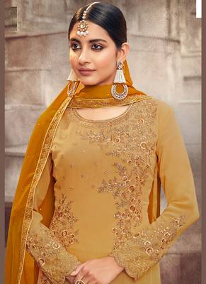 gold georgette embroidered semi stitched top & bottom with dupatta 2