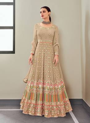 cream faux georgette embroidered semi stitched top & bottom with dupatta 1