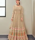 cream faux georgette embroidered semi stitched top & bottom with dupatta