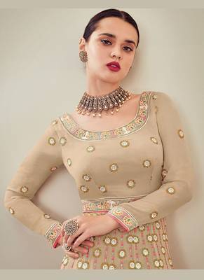 cream faux georgette embroidered semi stitched top & bottom with dupatta 2