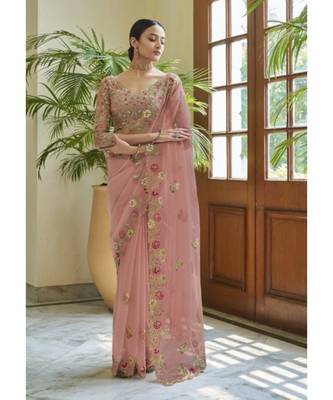 Peach Oraganza Sequins Saree With Blouse Piece 1