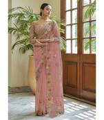 Peach Oraganza Sequins Saree With Blouse Piece