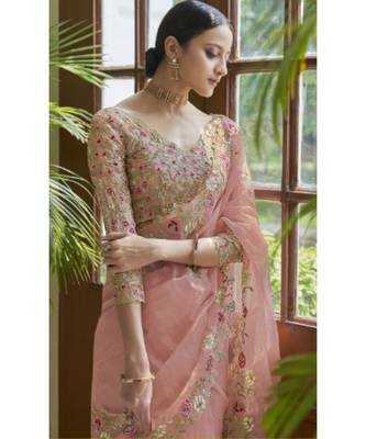 Peach Oraganza Sequins Saree With Blouse Piece 2