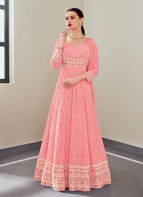 pink faux georgette embroidered semi stitched top & bottom with dupatta 1