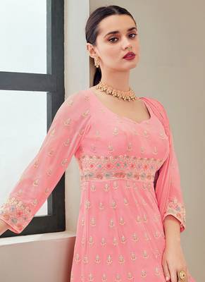 pink faux georgette embroidered semi stitched top & bottom with dupatta 2