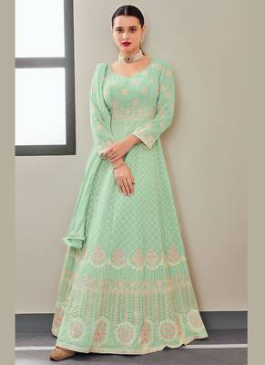turquoise faux georgette embroidered semi stitched top & bottom with dupatta 1