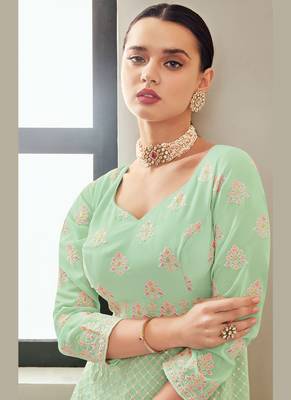 turquoise faux georgette embroidered semi stitched top & bottom with dupatta 2