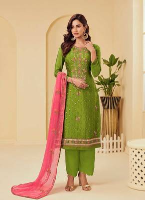 green georgette embroidered semi stitched top & bottom with dupatta 1