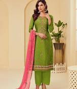 green georgette embroidered semi stitched top & bottom with dupatta