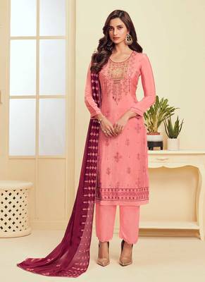 pink georgette embroidered semi stitched top & bottom with dupatta 1