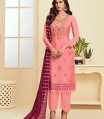 pink georgette embroidered semi stitched top & bottom with dupatta