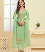 green georgette embroidered semi stitched top & bottom with dupatta