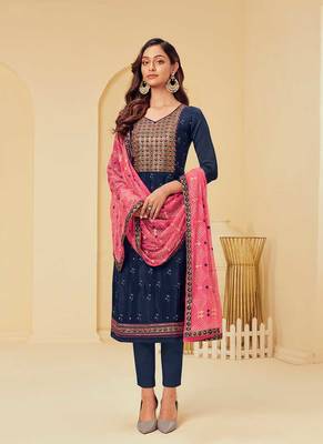 blue georgette embroidered semi stitched top & bottom with dupatta 1