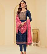 blue georgette embroidered semi stitched top & bottom with dupatta