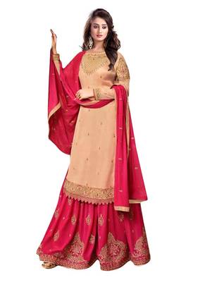 peach georgette embroidered semi stitched top & bottom with dupatta 1