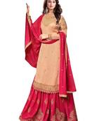 peach georgette embroidered semi stitched top & bottom with dupatta