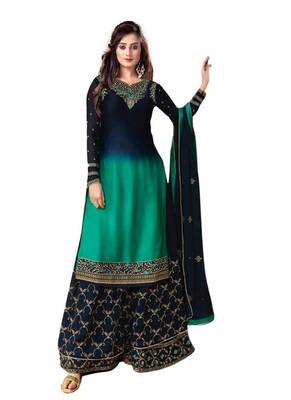 green georgette embroidered semi stitched top & bottom with dupatta 1