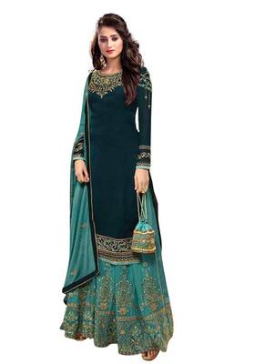 blue georgette embroidered semi stitched top & bottom with dupatta 1