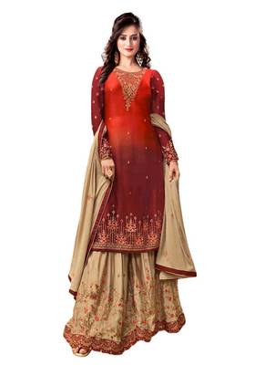 orange georgette embroidered semi stitched top & bottom with dupatta 1