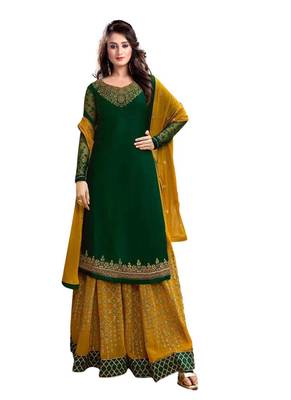 green georgette embroidered semi stitched top & bottom with dupatta 1