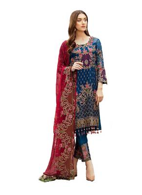 blue faux georgette embroidered semi stitched top & bottom with dupatta 1
