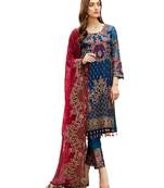 blue faux georgette embroidered semi stitched top & bottom with dupatta