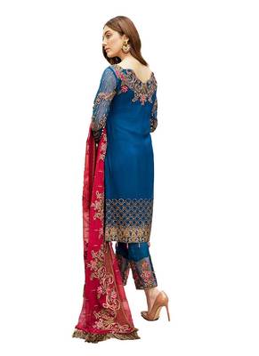 blue faux georgette embroidered semi stitched top & bottom with dupatta 2