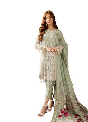green faux georgette embroidered semi stitched top & bottom with dupatta 1