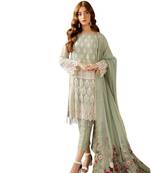 green faux georgette embroidered semi stitched top & bottom with dupatta