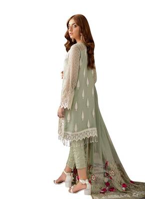 green faux georgette embroidered semi stitched top & bottom with dupatta 2