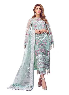 green net embroidered semi stitched top & bottom with dupatta 1