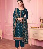blue georgette embroidered semi stitched top & bottom with dupatta
