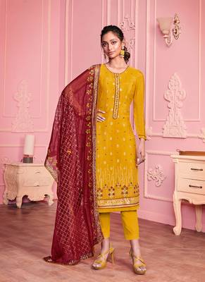 yellow georgette embroidered semi stitched top & bottom with dupatta 1