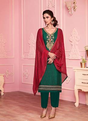 green georgette embroidered semi stitched top & bottom with dupatta 1