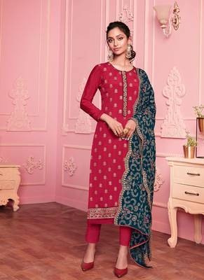 pink georgette embroidered semi stitched top & bottom with dupatta 1