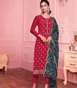 pink georgette embroidered semi stitched top & bottom with dupatta