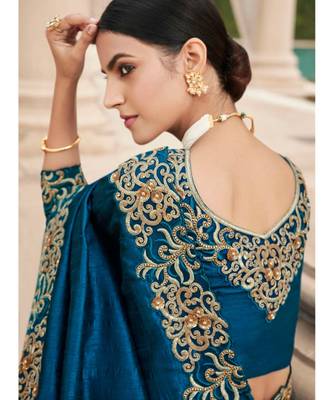 Blue Pure Silk Embroidery Saree With Blouse Piece 2