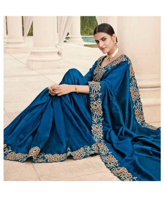 Blue Pure Silk Embroidery Saree With Blouse Piece 3