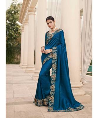 Blue Pure Silk Embroidery Saree With Blouse Piece 4