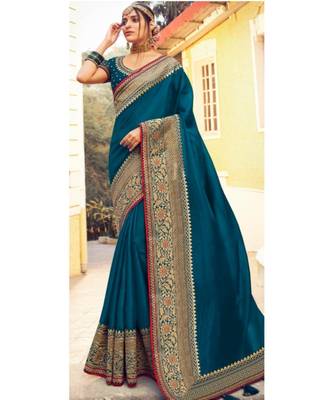 Blue Tasar Silk Designer Havy Saree With Blouse Piece 1