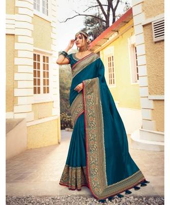 Blue Tasar Silk Designer Havy Saree With Blouse Piece 2
